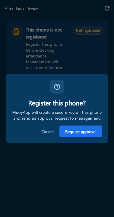 Register this phone confirmation with Cancel and Request approval buttons.