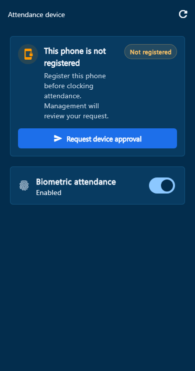 Attendance device screen showing an unregistered phone and the Request device approval button.